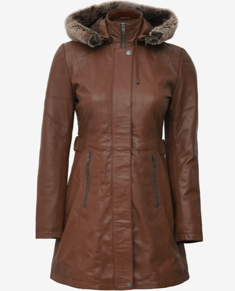 Arcane Fox - Women's Parka Fur Leather Coat In Brown With Removable Hood