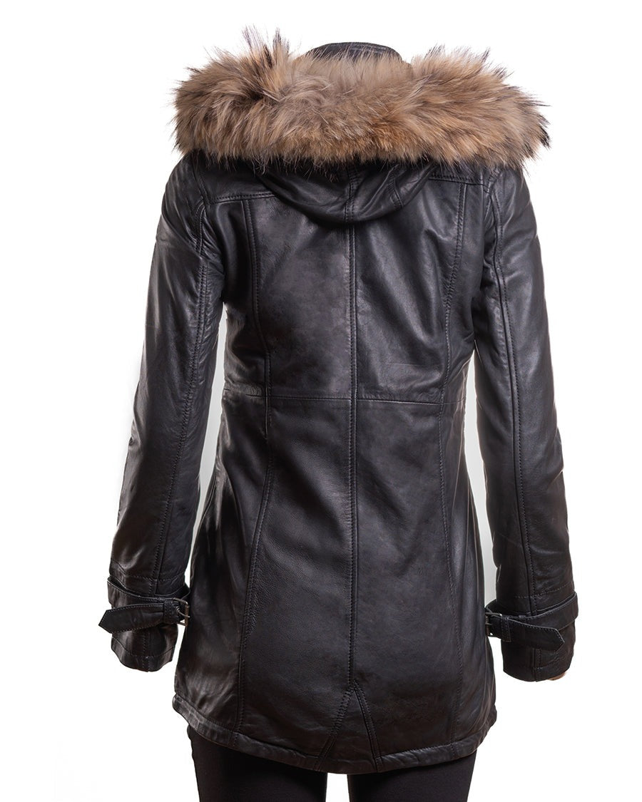 Arcane Fox - Women's Parka Leather Coat In Black With Removable Hood