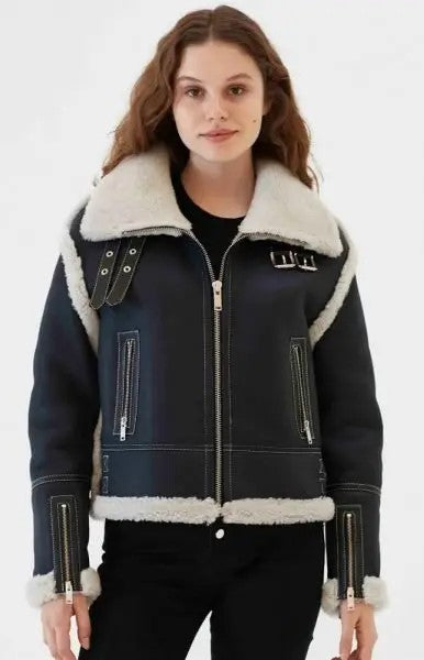 Arcane Fox - Women's Shearling B3 Aviator Leather Jacket In Black