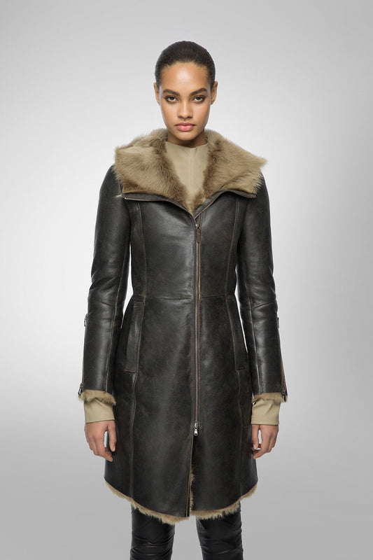 Women's Shearling Parka Leather Coat In Black Arcane Fox