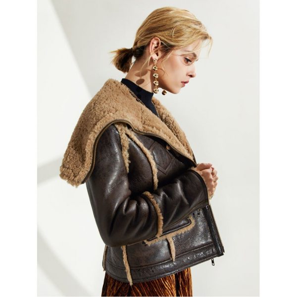 Arcane Fox - Women's Sheepskin Fur Leather Jacket In Coffee Brown With Oversized Collar