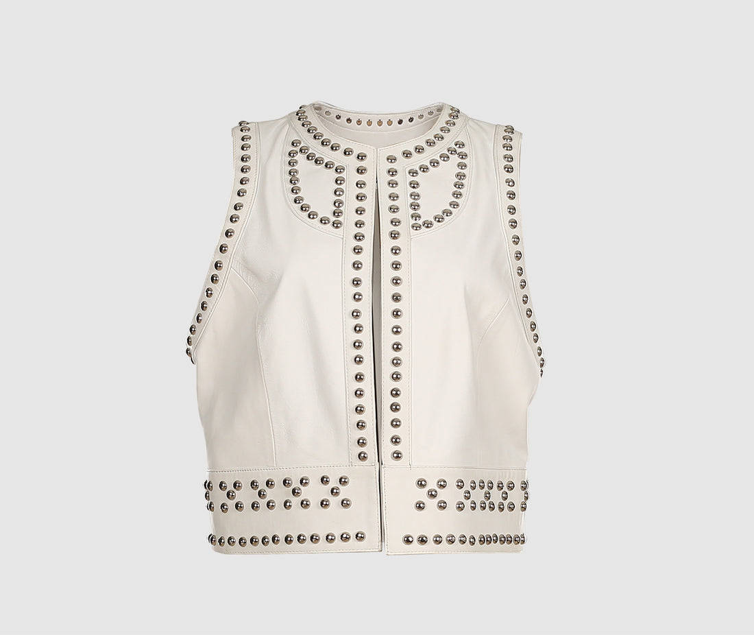 Women's Studded Leather Vest In White - Arcane Fox