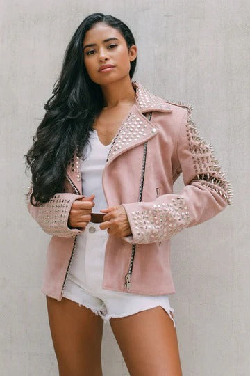 Arcane Fox - Women's Studded Suede Leather Jacket In Pink