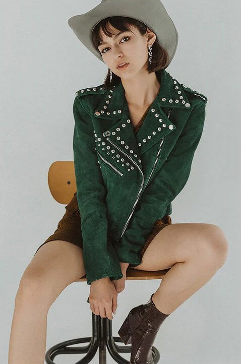 Arcane Fox - Women's Suede Studded Leather Jacket In Green