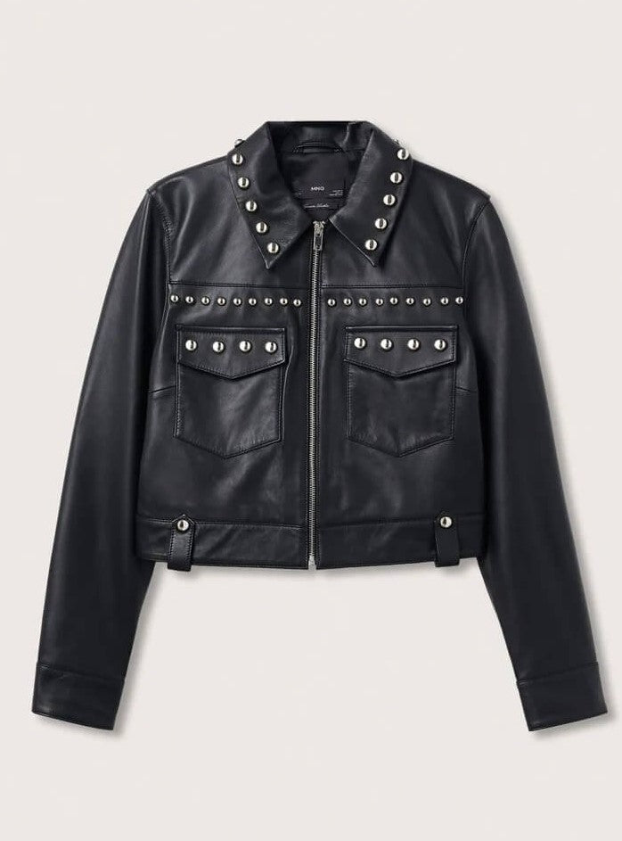 Women's Trucker Studded Leather Jacket In Black