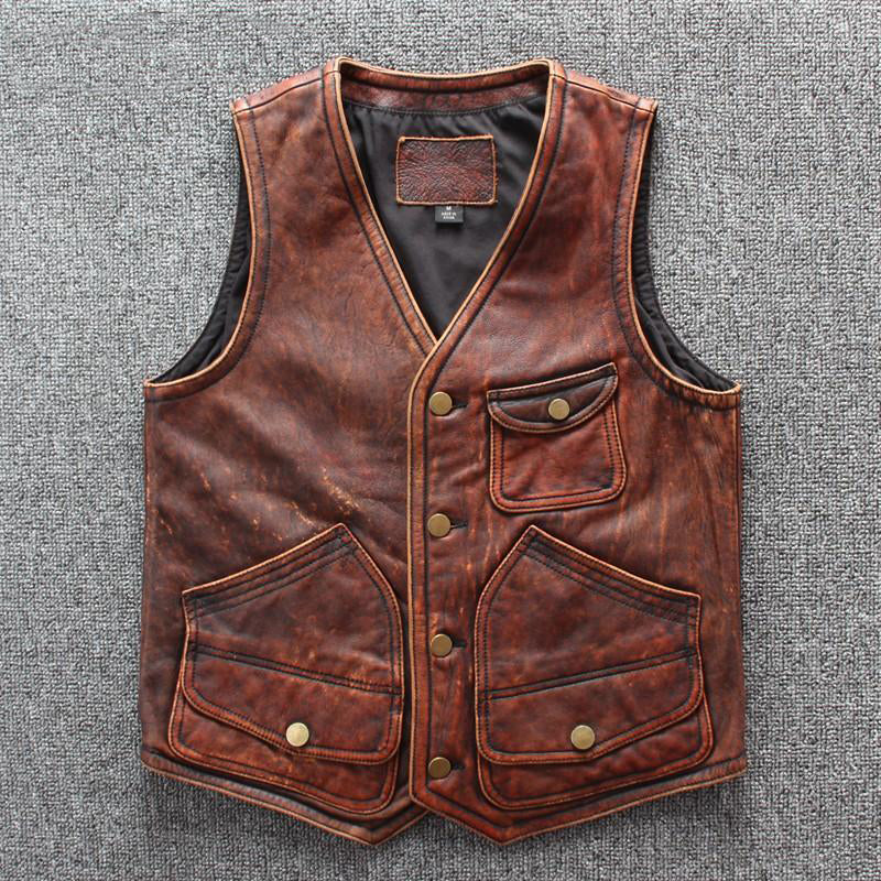 Arcane Fox - Men's Distressed Leather Biker Vest In Brown