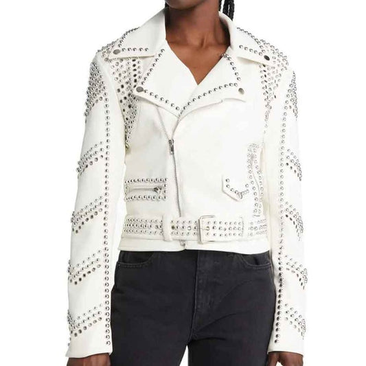 Arcane Fox - Women's Belted Studded Motorcycle Leather Jacket In White