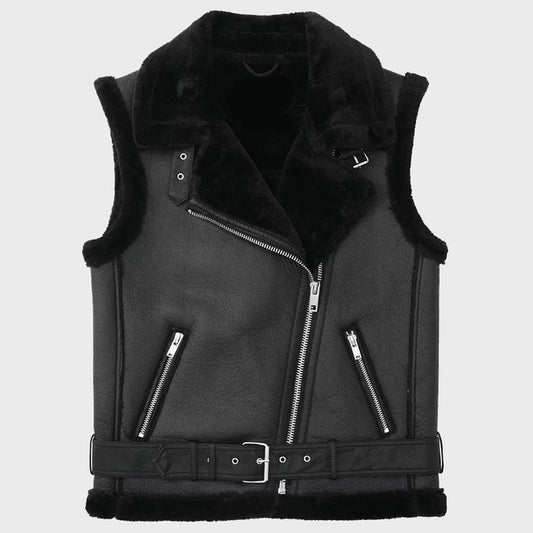 Arcane Fox - Women's Biker Shearling Leather Vest In Black With Belted Waist