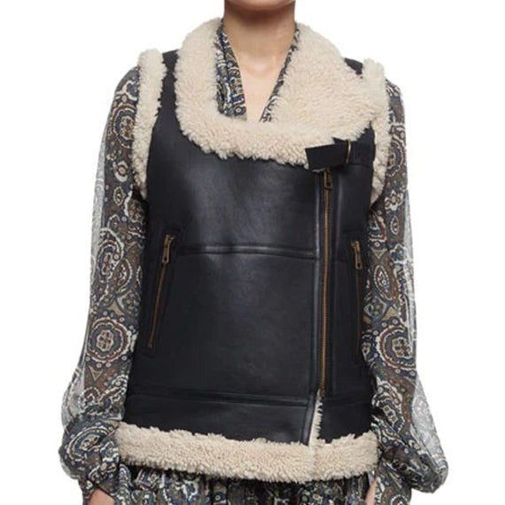 Arcane Fox - Women's Black Shearling Biker Leather Vest