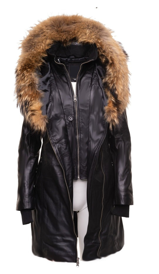 Arcane Fox - Women's Parka Bomber Leather Coat In Black