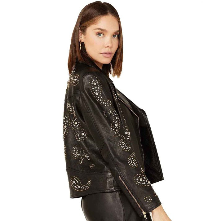 Arcane Fox - Women's Punk Studded Leather Jacket In Black