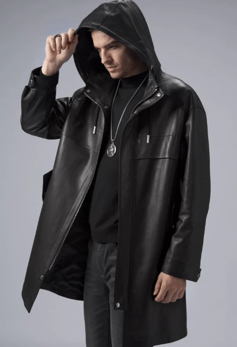 Men's Mid Length Leather Coat In Black With Hood