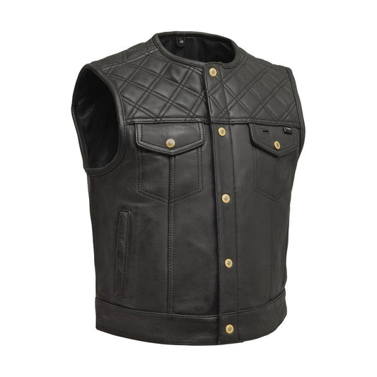 Arcane Fox - Men's Quilted Biker Leather Vest In Black With Golden Buttons