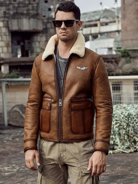 Arcane Fox - Men's Raf Shearling Aviator Leather Jacket In Brown