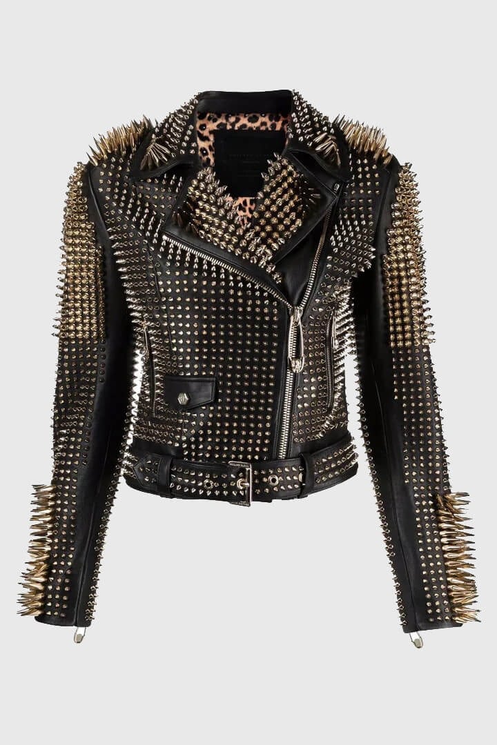 Arcane Fox - Women's Biker Gold Studded Leather Jacket In Black