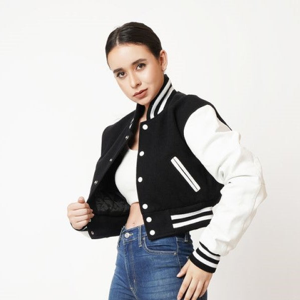 Women's Cropped Varsity Leather Jacket In Black & White Sleeves