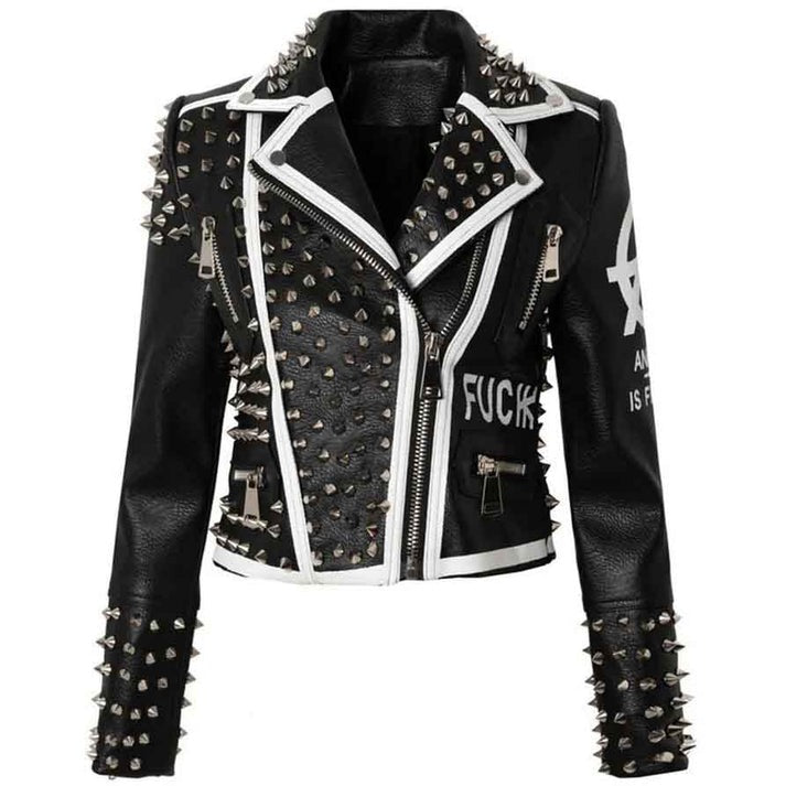 Arcane Fox - Women's Embroidered Studded Biker Leather Jacket In Black