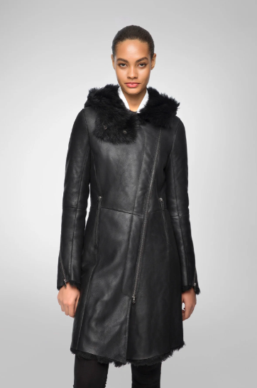 Women's Fur Shearling Parka Leather Coat In Black
