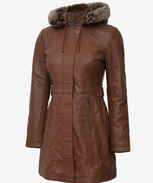 Arcane Fox - Women's Parka Fur Leather Coat In Brown With Removable Hood