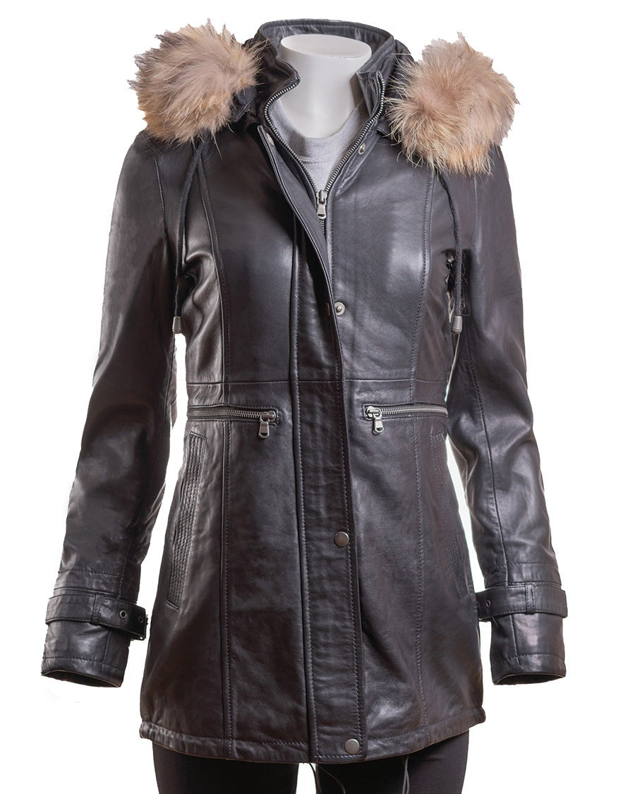 Arcane Fox - Women's Parka Leather Coat In Black With Removable Hood