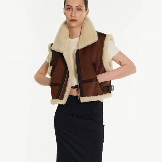 Arcane Fox - Women's Shearling Cropped Leather Vest In Dark Brown