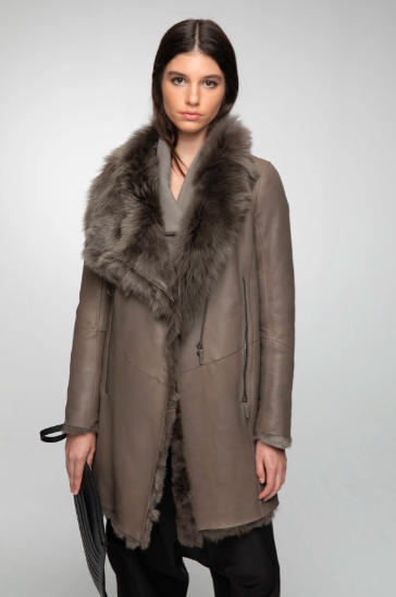 Women's Shearling Fur Leather Coat In Dark Brown