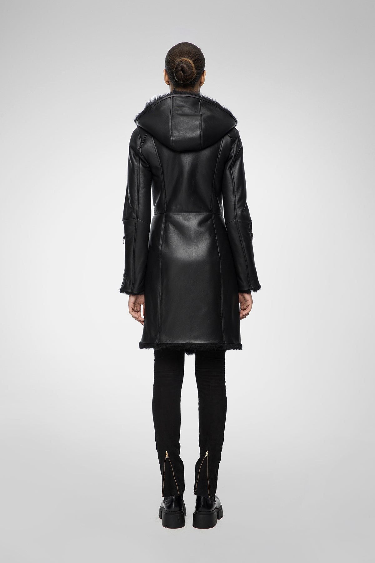 Women's Sheepskin Fur Leather Coat In Black With Hood Arcane Fox