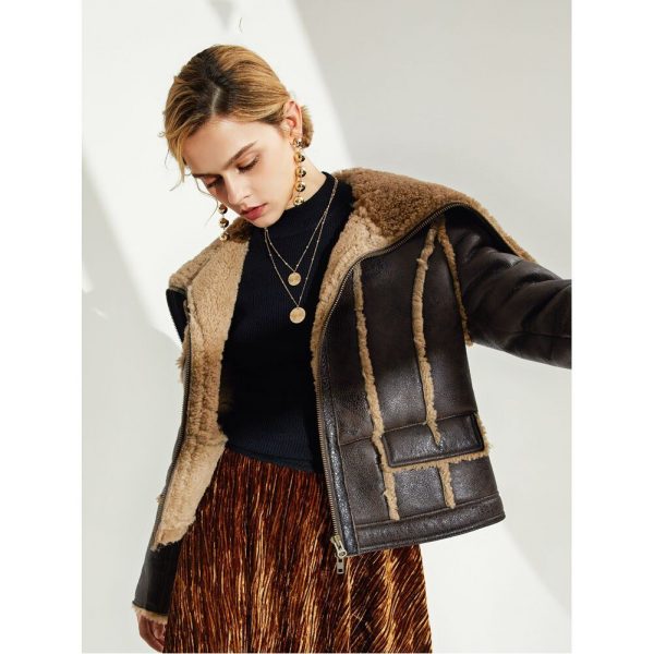 Arcane Fox - Women's Sheepskin Fur Leather Jacket In Coffee Brown With Oversized Collar