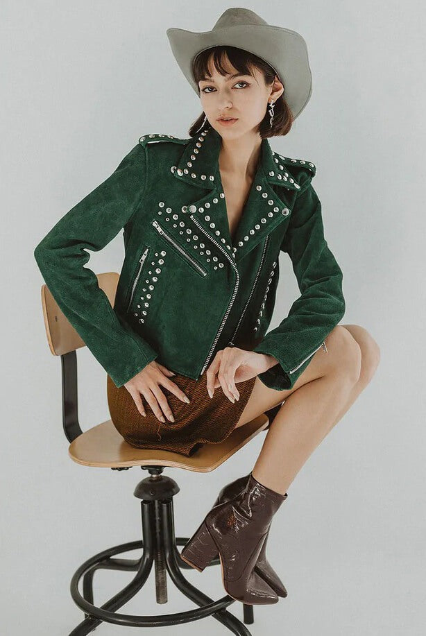 Arcane Fox - Women's Suede Studded Leather Jacket In Green