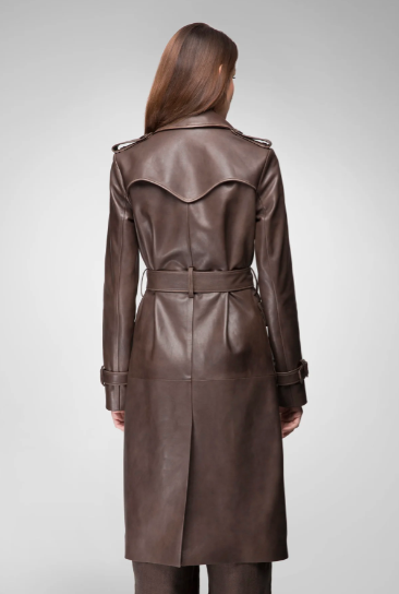 Women's Trench Leather Coat In Coffee Brown