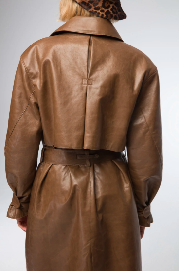 Women's Trench Leather Coat In Dark Brown With Belted Waist