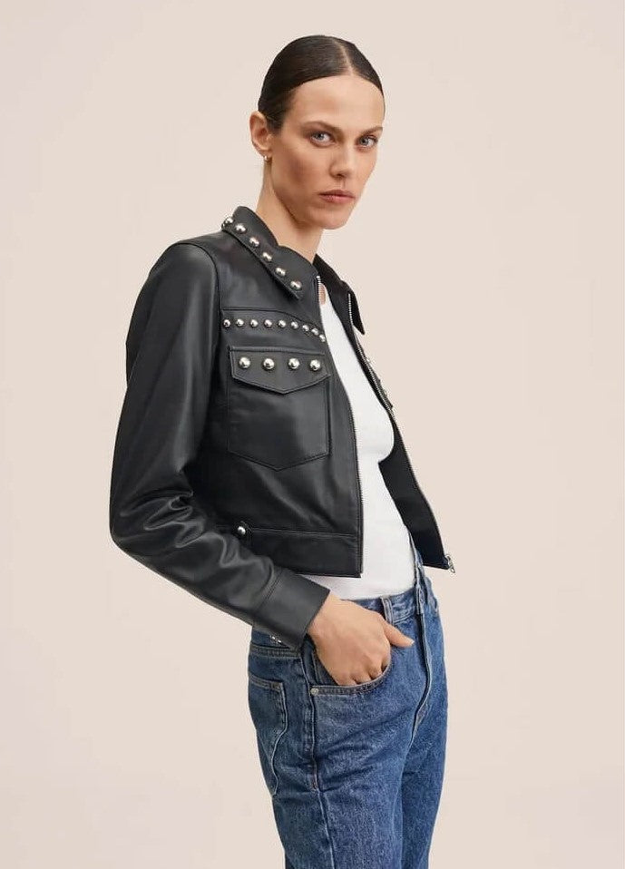 Women's Trucker Studded Leather Jacket In Black