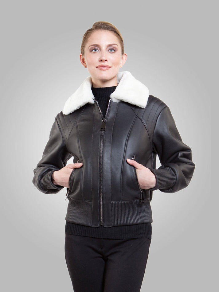 Arcane Fox - Women's White Shearling B3 Leather Jacket In Black