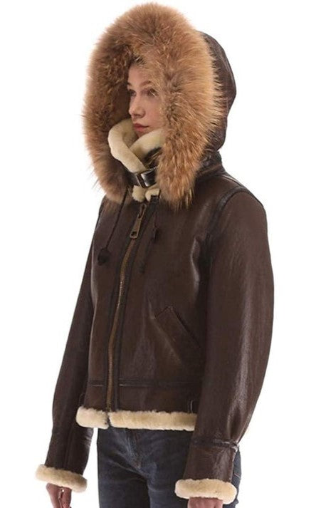 Arcane Fox - Women's B3 Shearling Parka Leather Jacket In Dark Brown