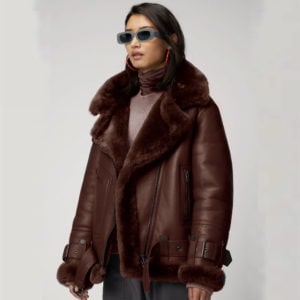 Arcane Fox - Women's Belted B3 Shearling Leather Jacket In Dark Brown