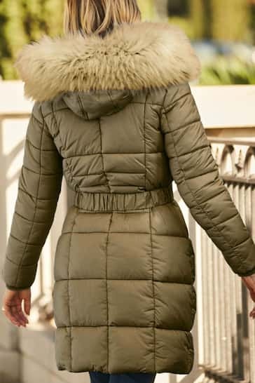 Arcane Fox - Women's Belted Parka Puffer Coat In Brown