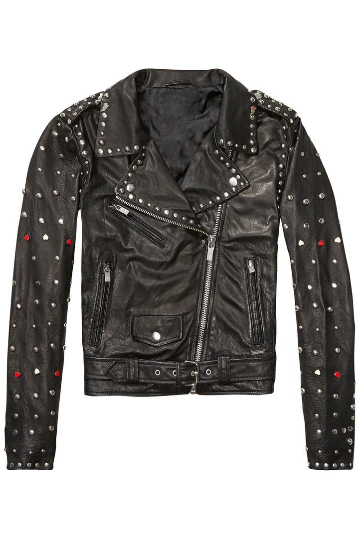 Arcane Fox - Women's Belted Studded Biker Leather Jacket In Black