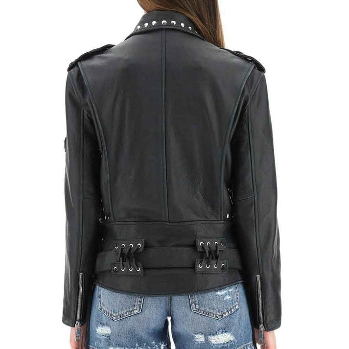 Arcane Fox - Women's Belted Studded Leather Jacket In Black