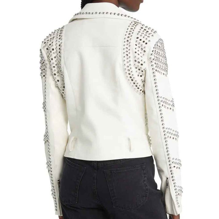 Arcane Fox - Women's Belted Studded Motorcycle Leather Jacket In White