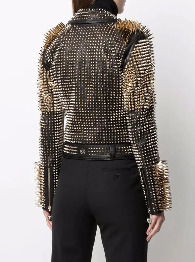 Arcane Fox - Women's Biker Gold Studded Leather Jacket In Black