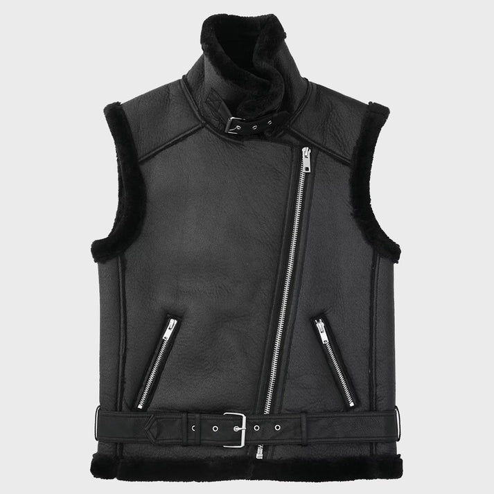 Arcane Fox - Women's Biker Shearling Leather Vest In Black With Belted Waist