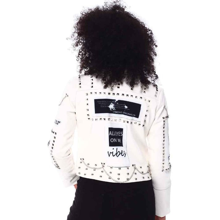 Arcane Fox - Women's Embroidered Studded Leather Jacket In White