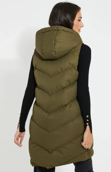 Arcane Fox - Women's Hooded Puffer Sleeveless Coat In Khaki