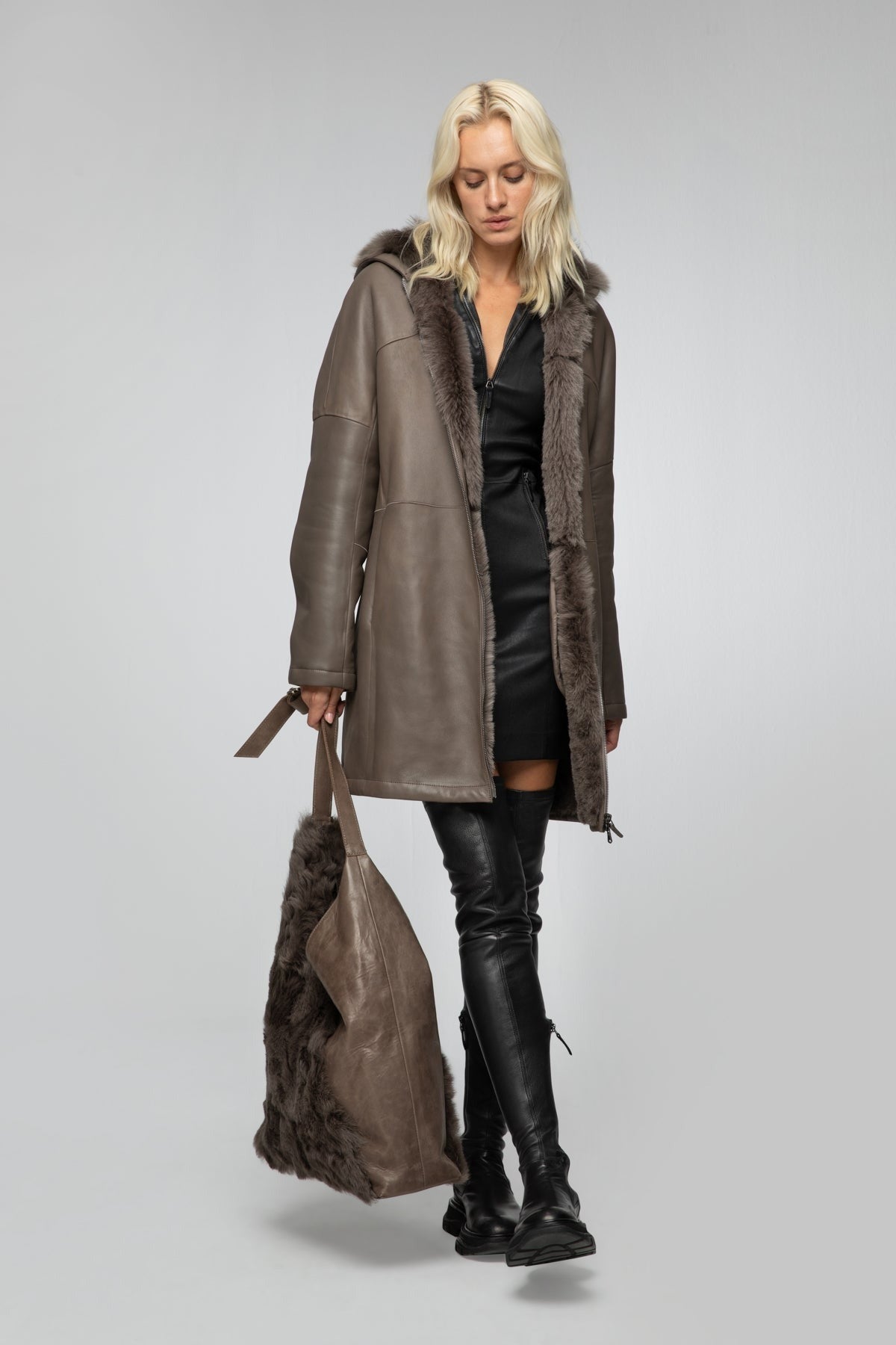 Women's Hooded Shearling Leather Coat In Brown Arcane Fox