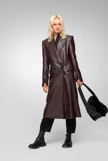 Women's Leather Trench Coat In Coffee Brown