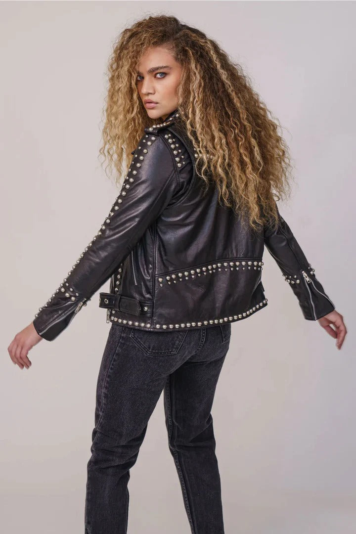 Arcane Fox - Women's Motorcycle Studded Leather Jacket In Black