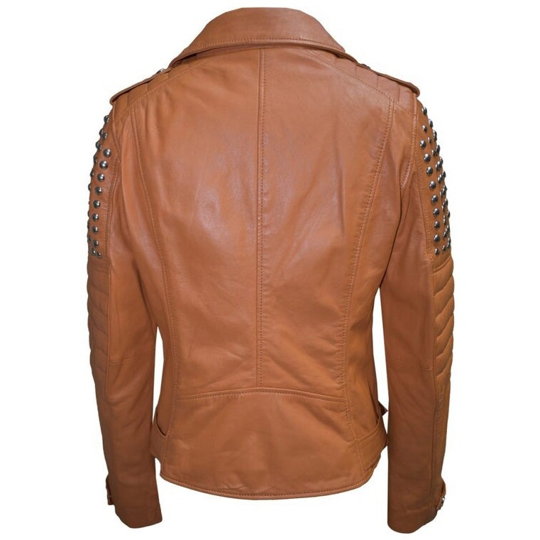 Arcane Fox - Women's Motorcycle Studded Leather Jacket In Brown