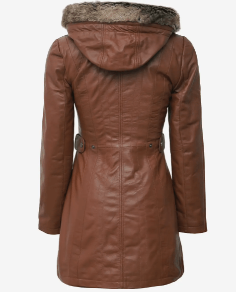 Arcane Fox - Women's Parka Fur Leather Coat In Brown With Removable Hood