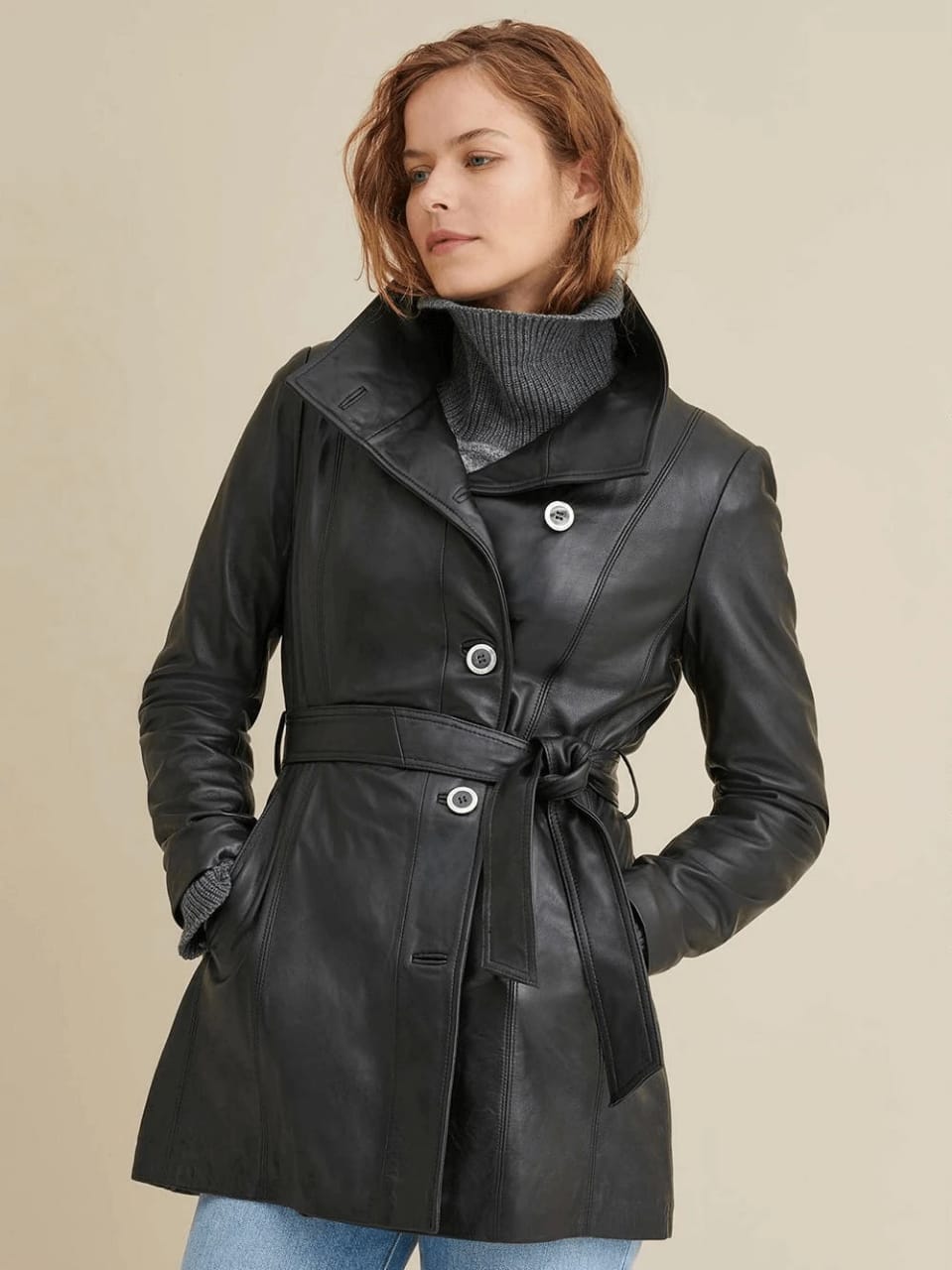 Women's Plain Leather Coat In Black - Arcane Fox