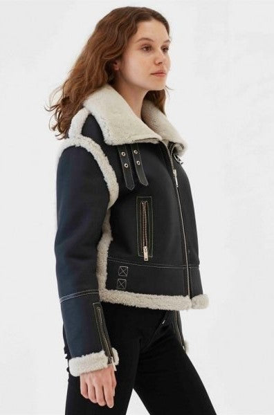 Arcane Fox - Women's Shearling B3 Aviator Leather Jacket In Black